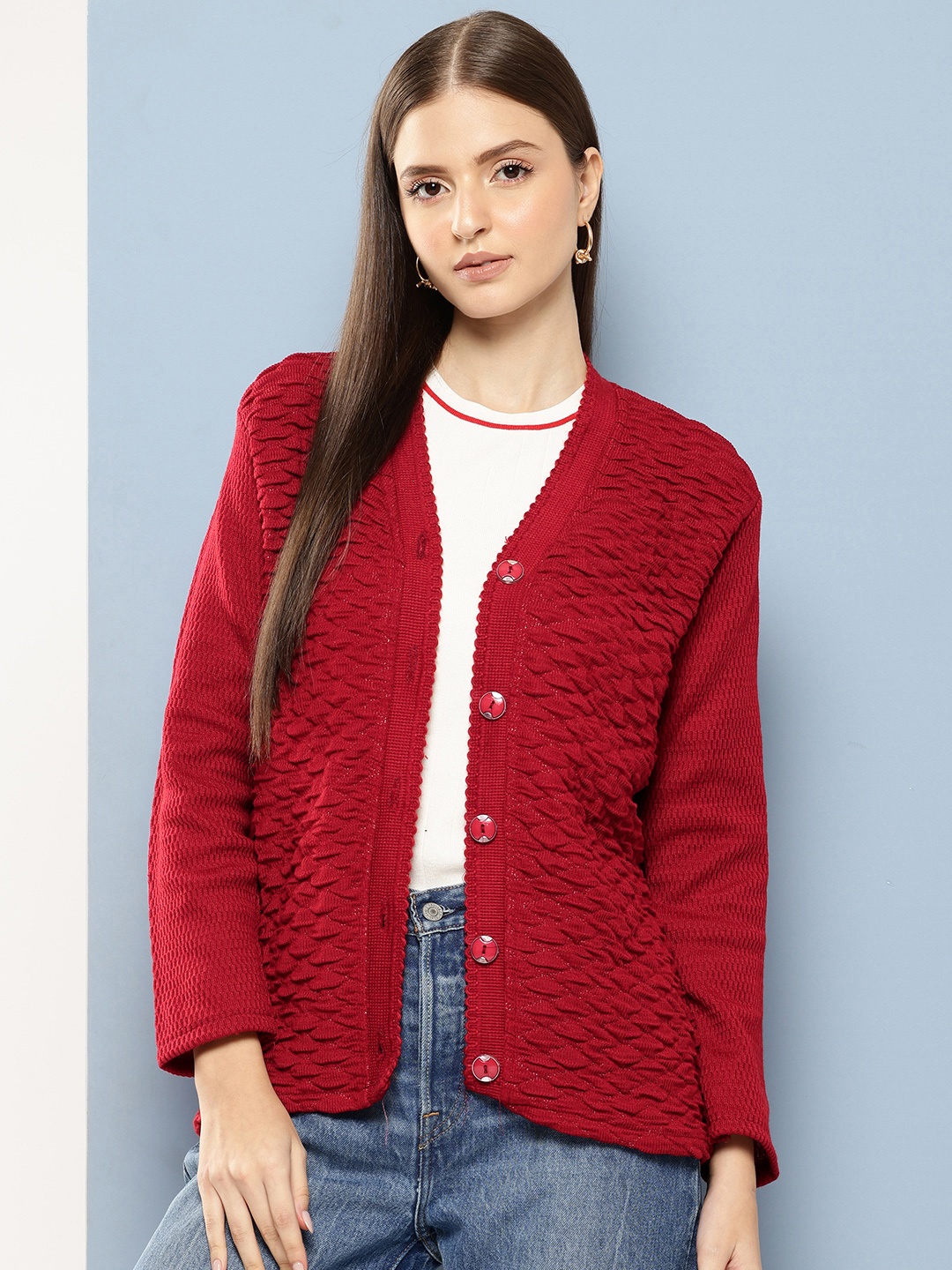 

Aarika Textured Woollen Cardigan, Red