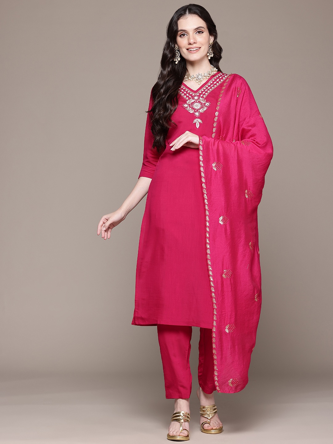 

Readiprint Floral Aari Work Kurta with Trousers & With Dupatta, Fuchsia