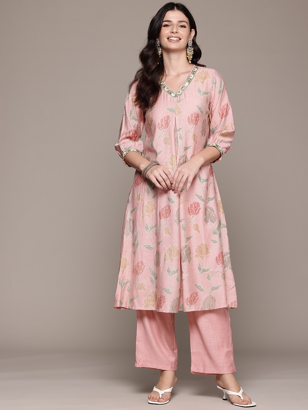 Readiprint Floral Printed Pleated Thread Work Kurta with Palazzos, Peach