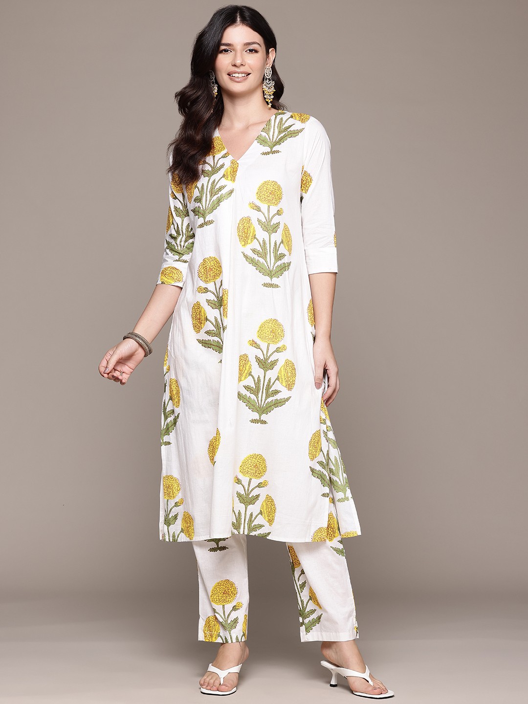 

Readiprint Floral Printed Pleated Pure Cotton Kurta with Trousers, White
