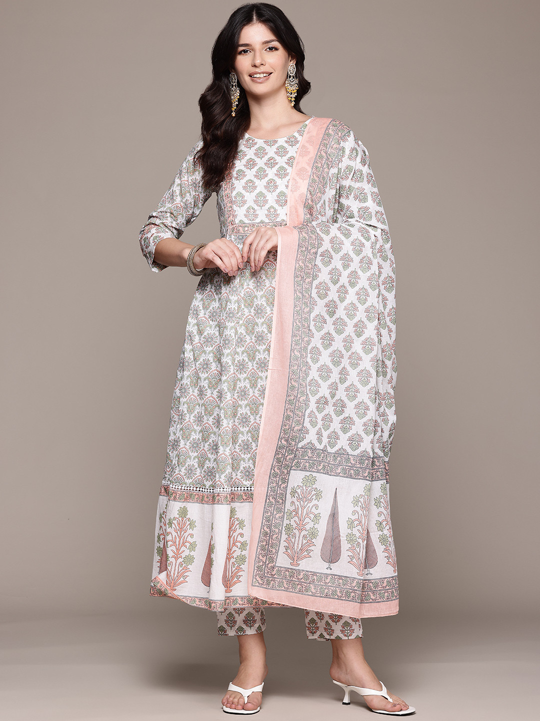

Readiprint Floral Printed Thread Work Pure Cotton Kurta With Trousers & Dupatta, Off white