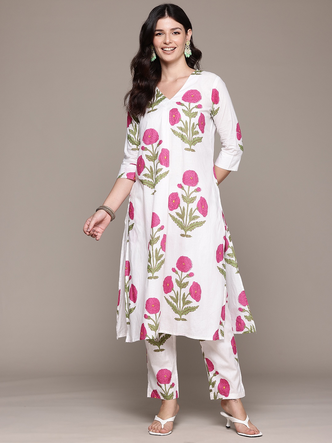 Readiprint Floral Printed Pleated Pure Cotton Kurta with Trousers, White