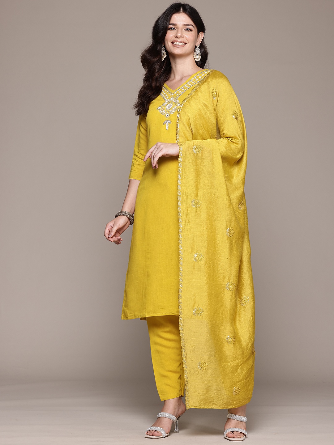 

Readiprint Fashions Ethnic Motifs Yoke Design Beads & Stones Kurta With Trousers & Dupatta, Mustard