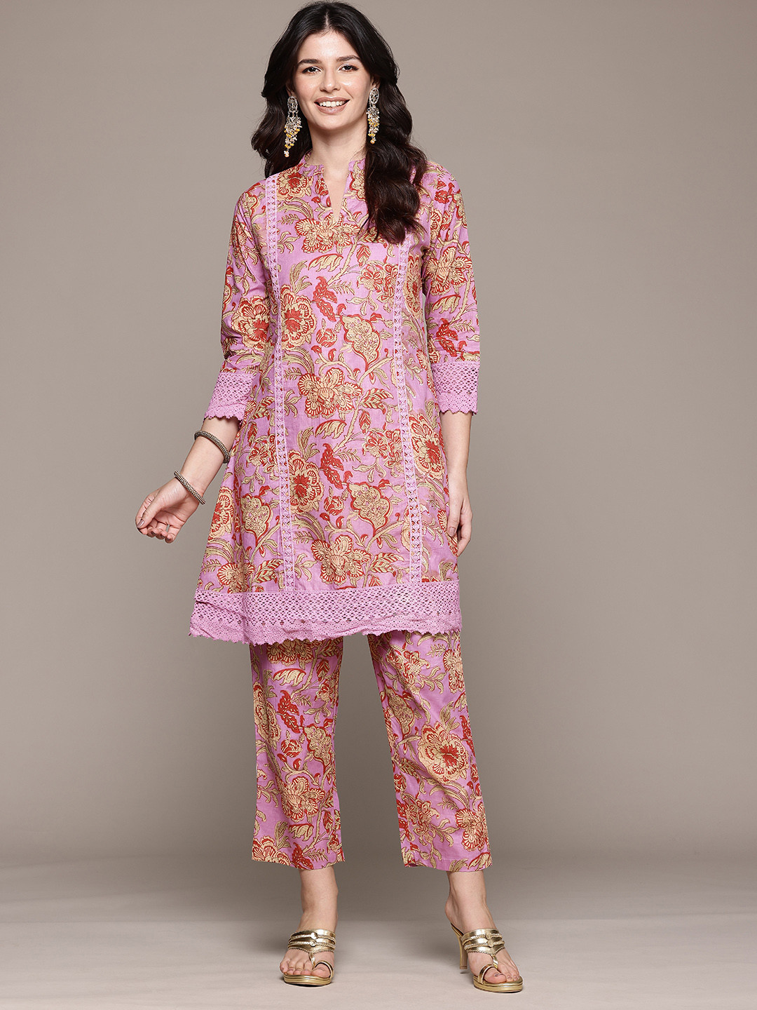 

Readiprint Floral Print Pure Cotton Co-Ords with Crochet Lace Detail, Pink