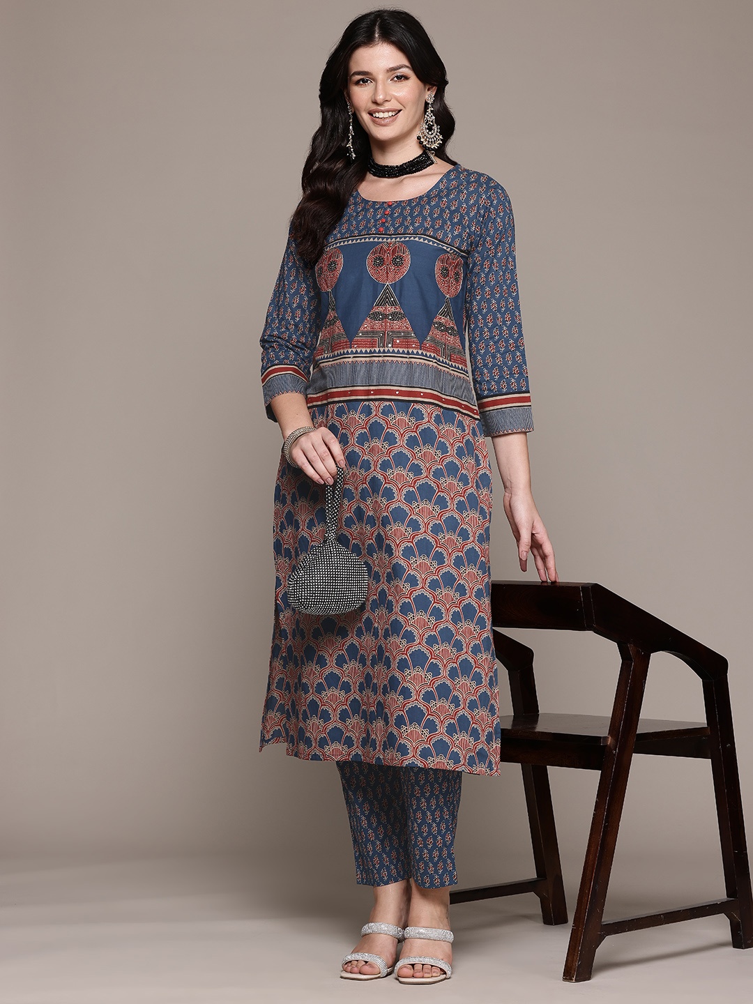

Readiprint Ethnic Motifs Printed Sequinned Pure Cotton Kurta with Trousers, Blue