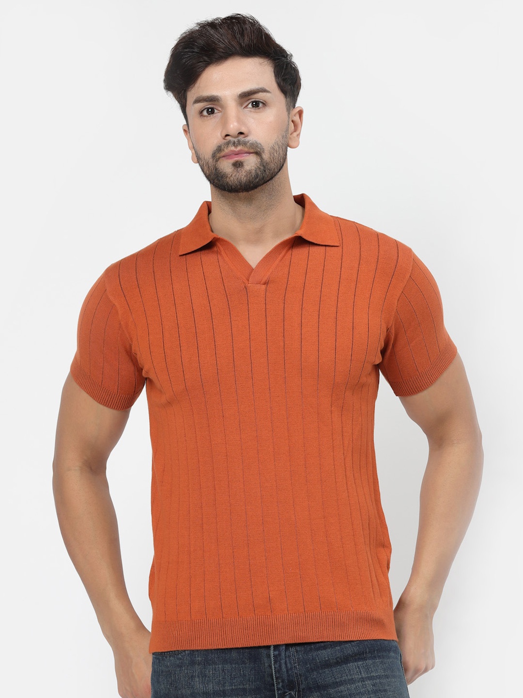 

Kalt Men Striped Polo Collar Cotton T-shirt, Orange
