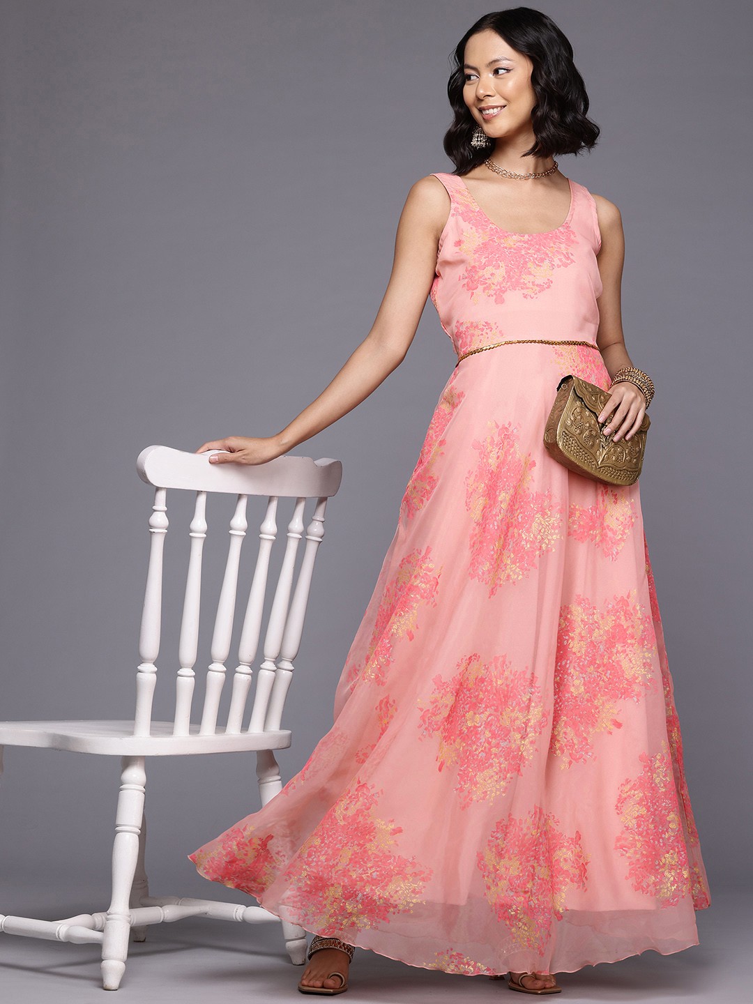 

Ahalyaa Floral Printed Gotta Patti Organza Ethnic Gown, Pink