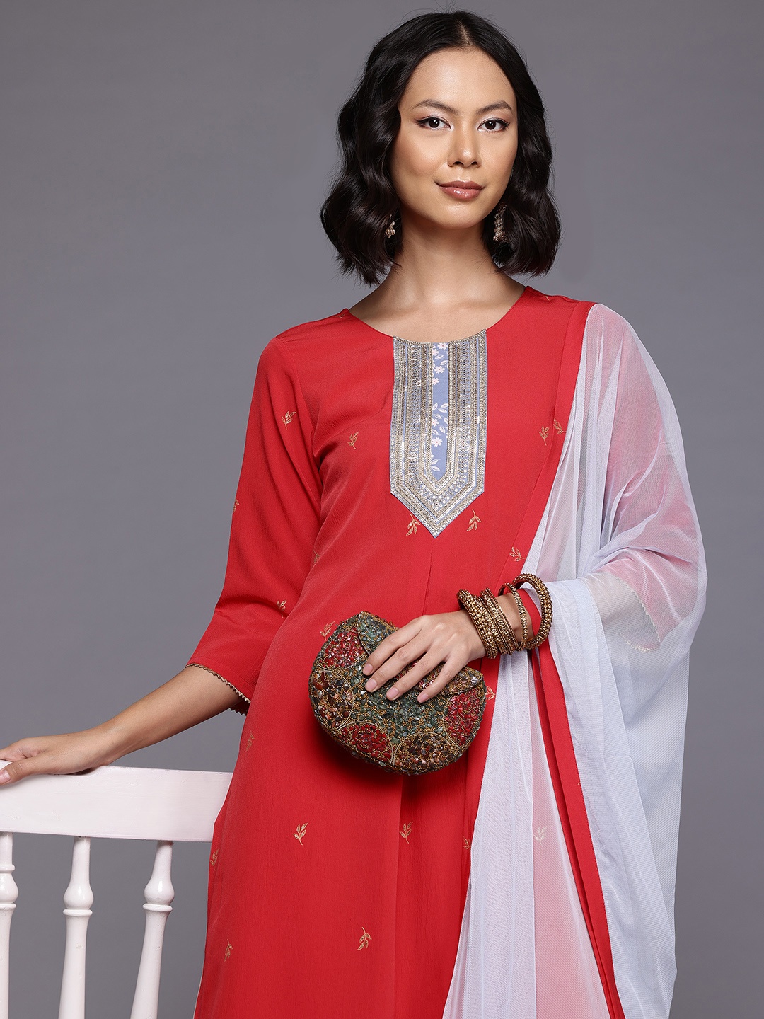 

Ahalyaa Ethnic Motifs Printed Gotta Patti Kurta With Palazzos & Dupatta, Red