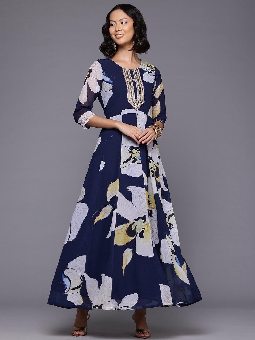 

Ahalyaa Floral Printed Sequinned Ethnic Gown, Navy blue