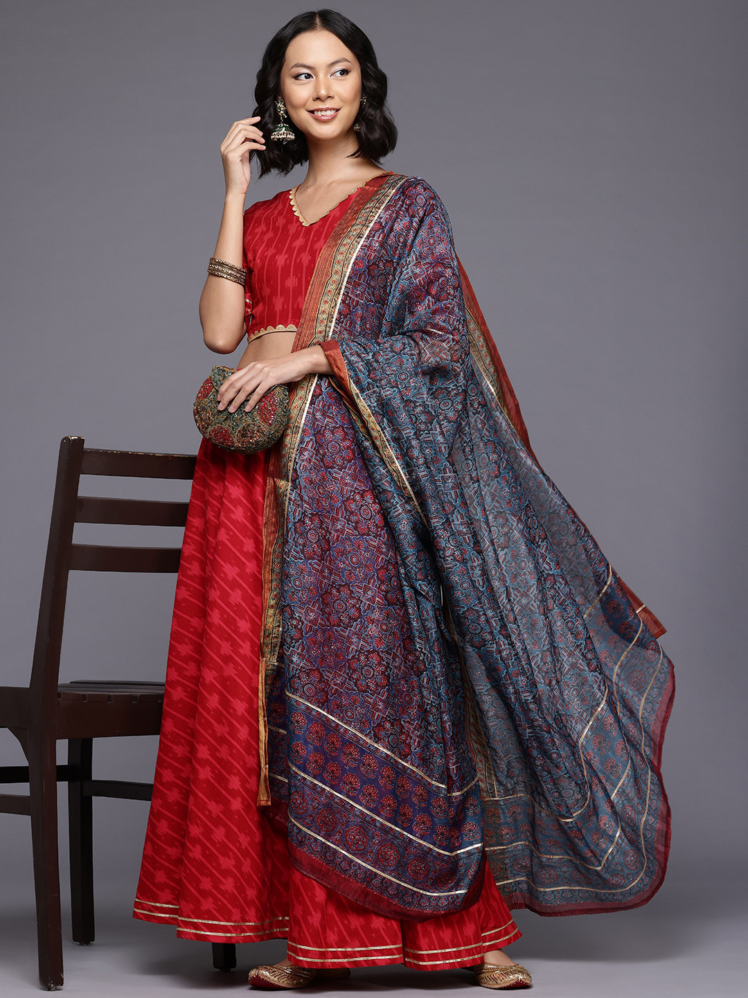 

Ahalyaa Printed Ready to Wear Lehenga & Blouse With Dupatta, Maroon