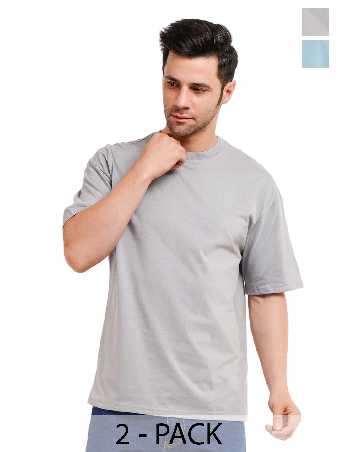 

XO Celebrating Love Men Pack Of 2 Solid Cotton Oversized T-shirts, Grey