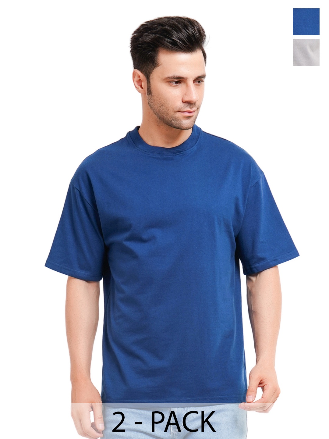 

XO Celebrating Love Men Pack Of 2 Solid Cotton Oversized T-shirts, Blue