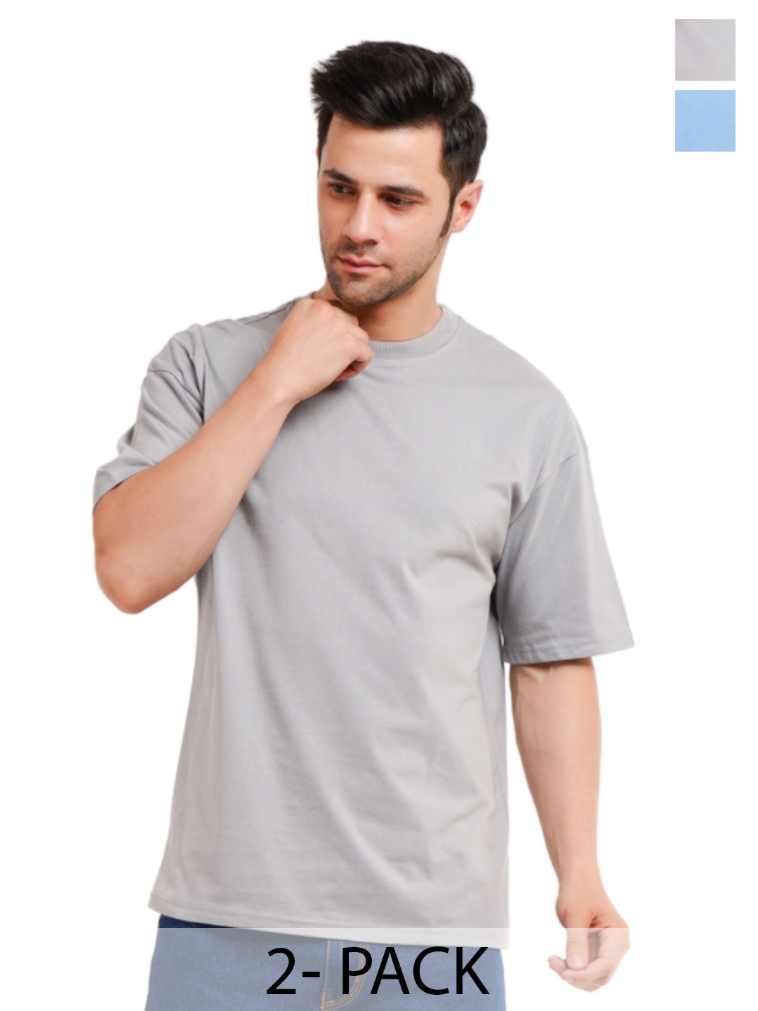 

XO Celebrating Love Men Pack Of 2 Solid Oversized Cotton T-shirts, Grey