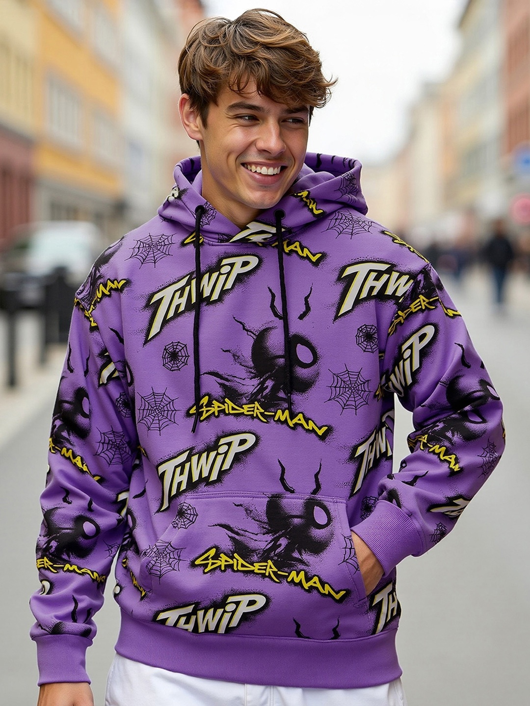 

Bewakoof Heavy Duty Men Spider-Man Printed Hooded Sweatshirt, Purple