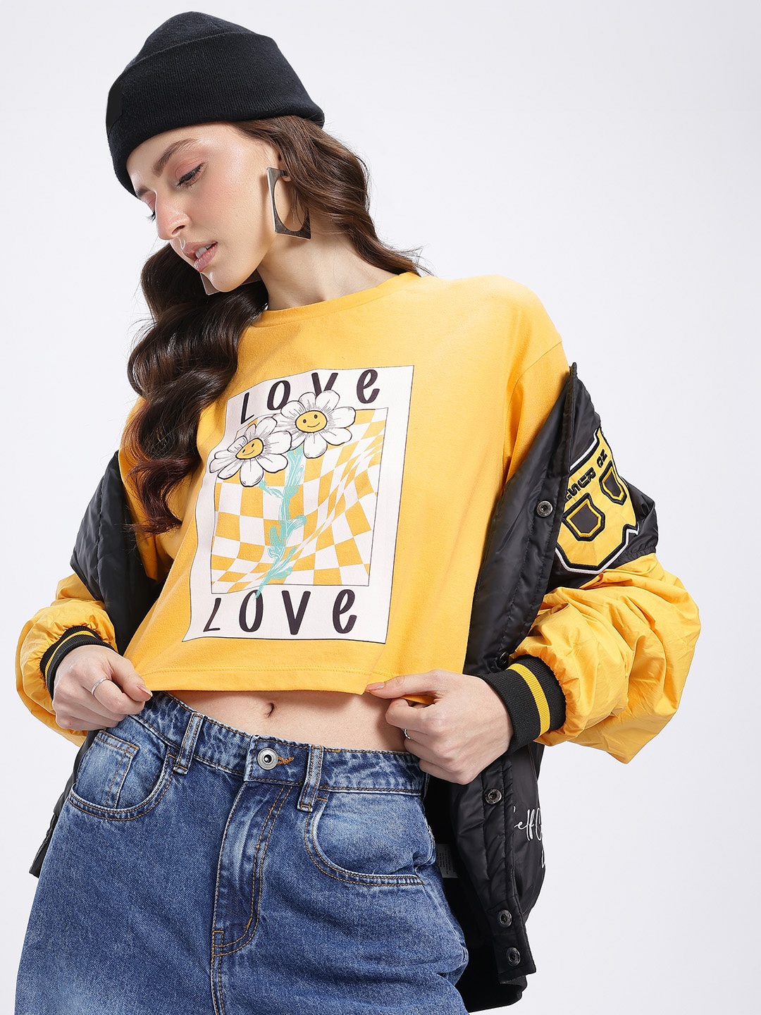 

glitchez Floral Grid Printed Drop-Shoulder Crop T-shirt, Yellow
