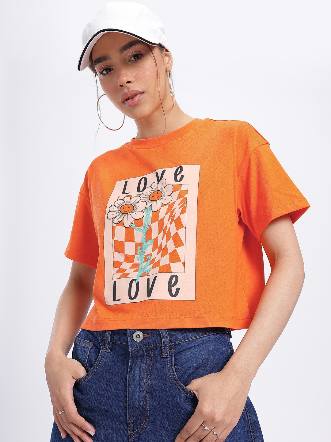

glitchez Floral Grid Printed Drop-Shoulder Crop T-shirt, Orange