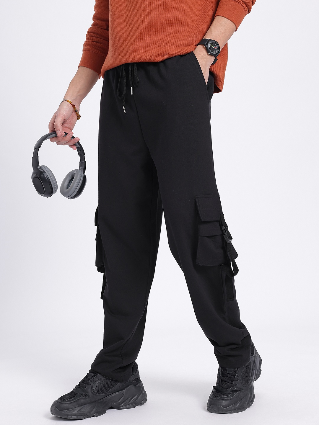

glitchez Men Comfy Crew Cargo-Style Relaxed Fit Track Pants, Black