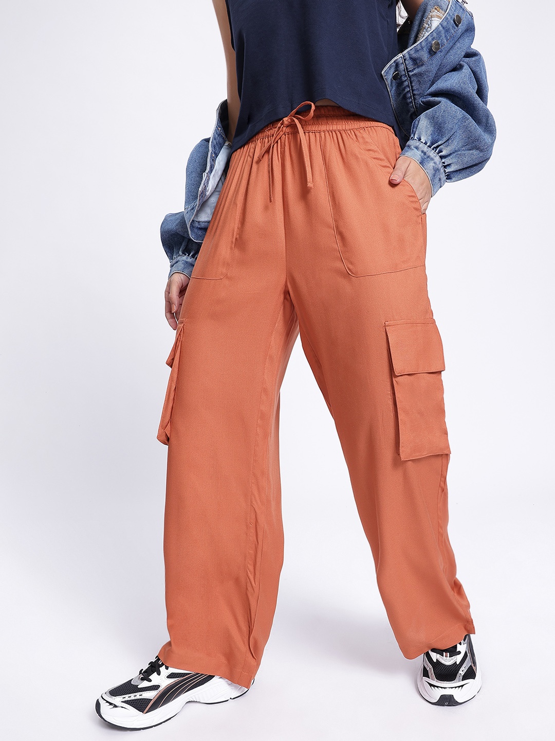 

glitchez Women Utility Chic Cargo-Style Trousers, Rust