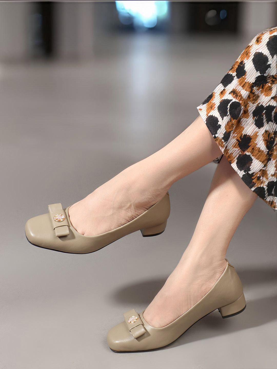 

Carlton London Women Party Block Heel Pumps with Bows, Beige