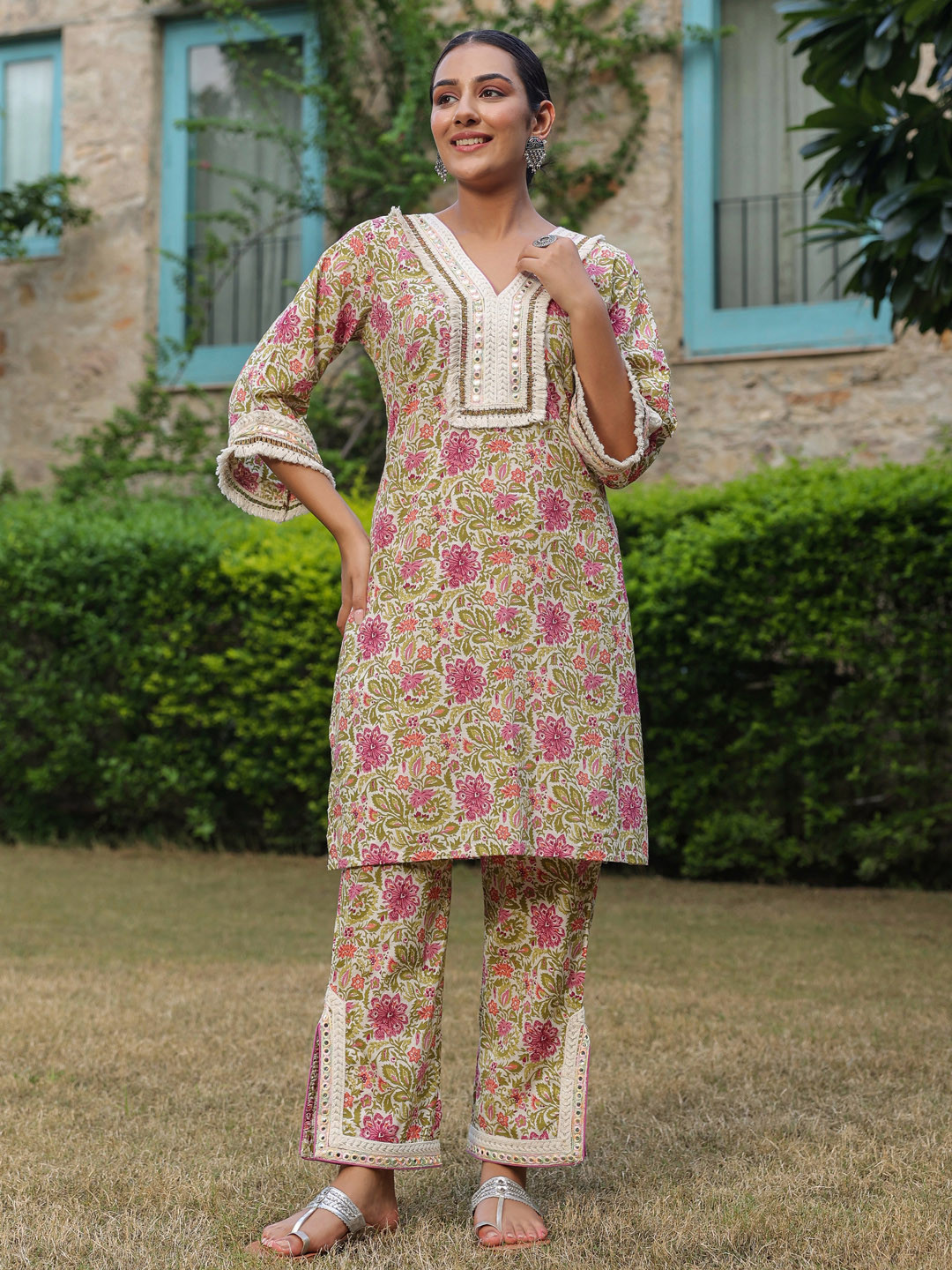 

Jaipur Morni Floral Printed Pure Cotton Tunic & Trouser, Cream