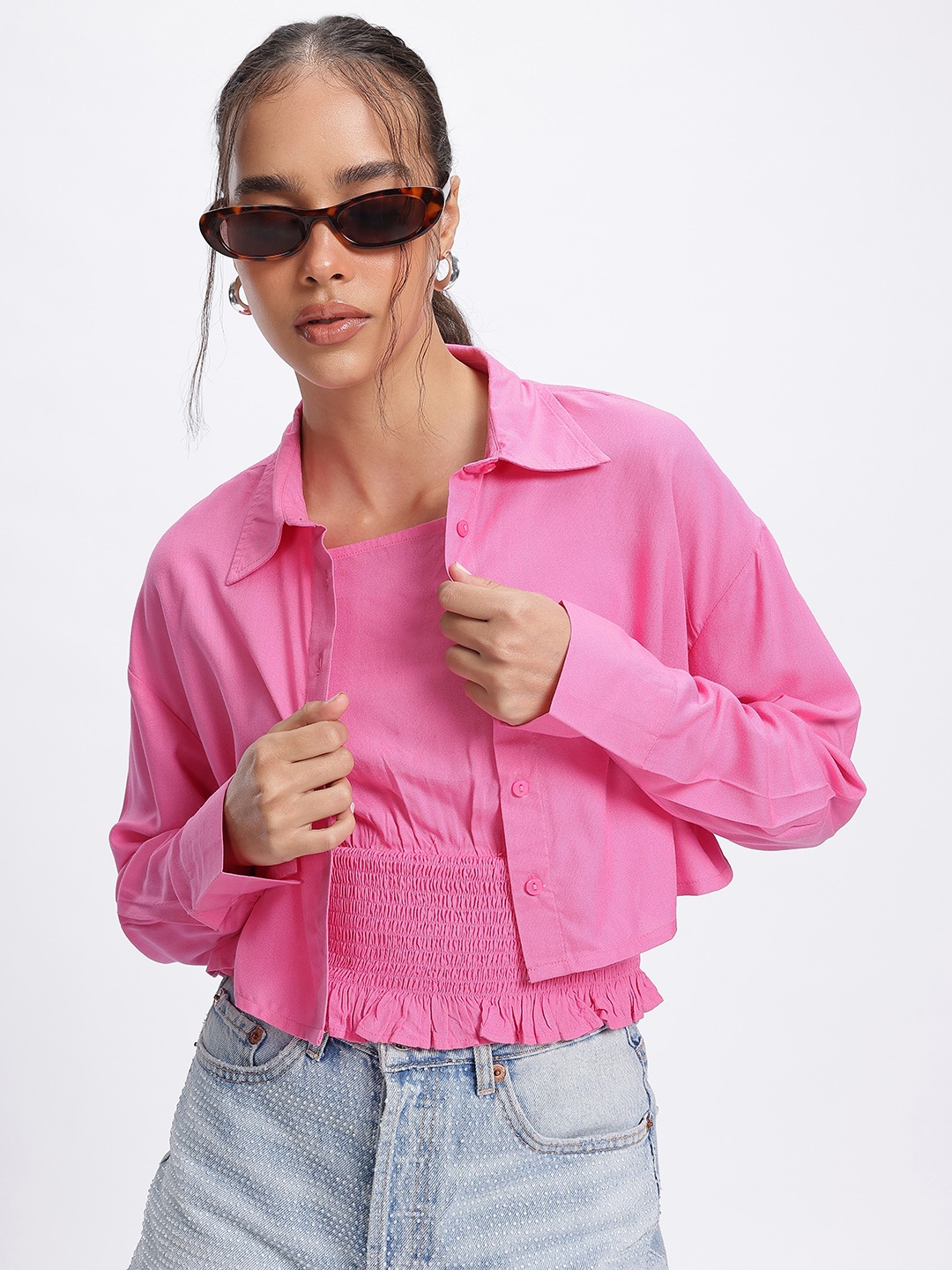 

glitchez Light Layers Smocked Blouson Top with Crop Shirt, Pink