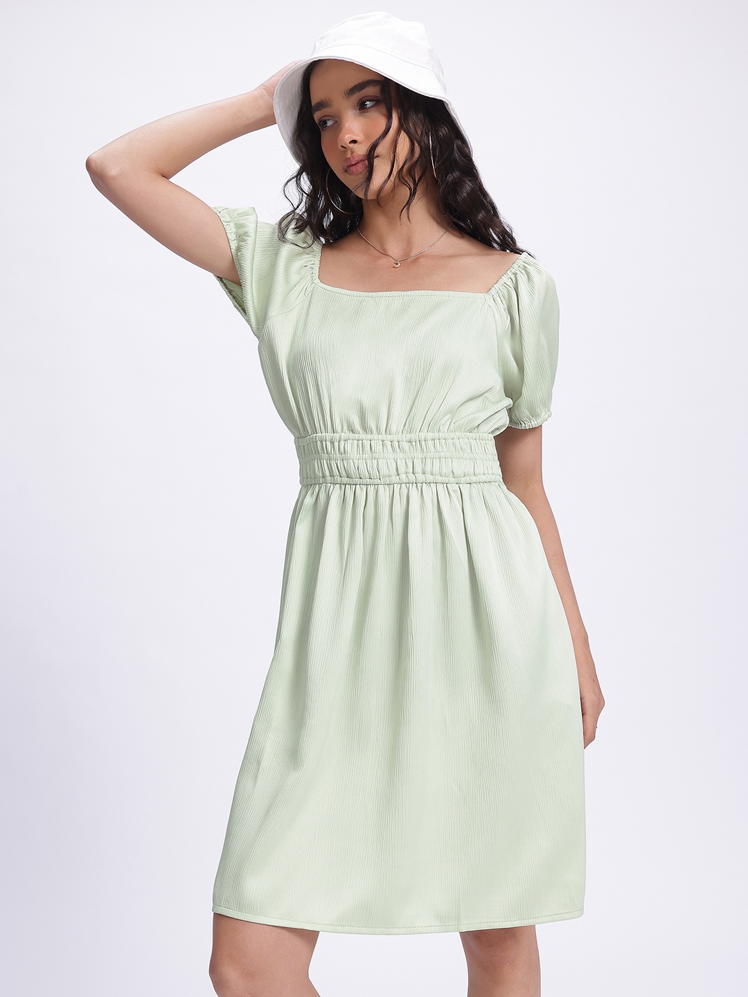 

glitchez Smocked Charm Puff Sleeve Fit & Flare Dress, Green