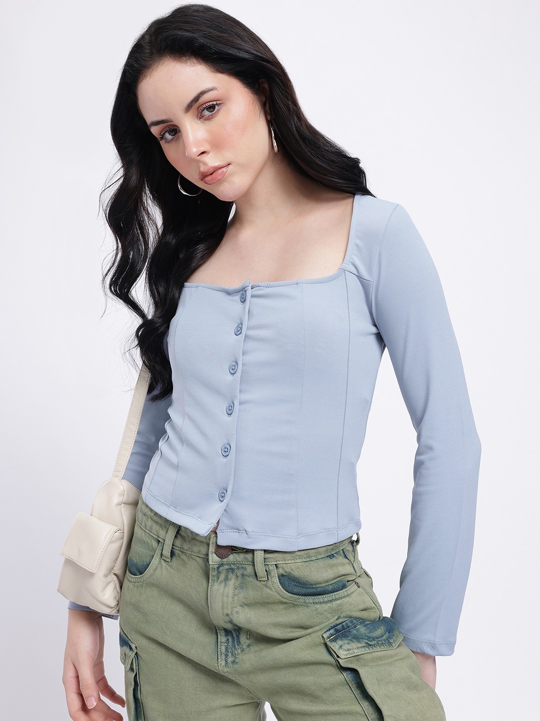 

glitchez Feminine Fusion Square Neck Front-Open Fitted Top, Grey