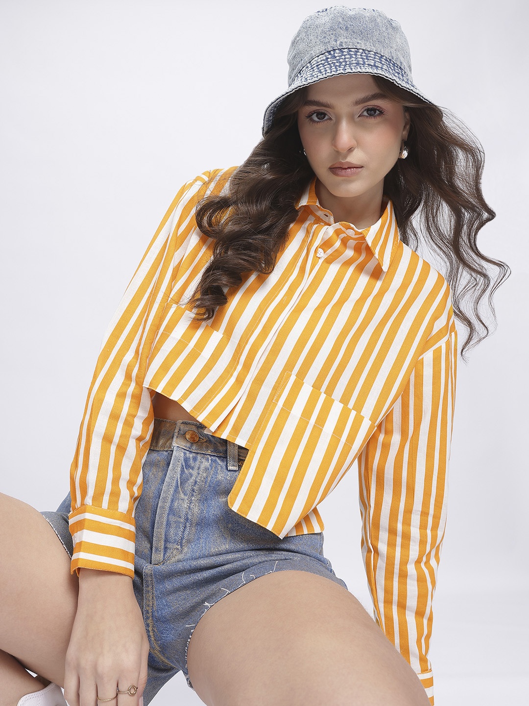 

glitchez Casual Drip Striped Asymmetric Pockets Crop Shirt, Orange