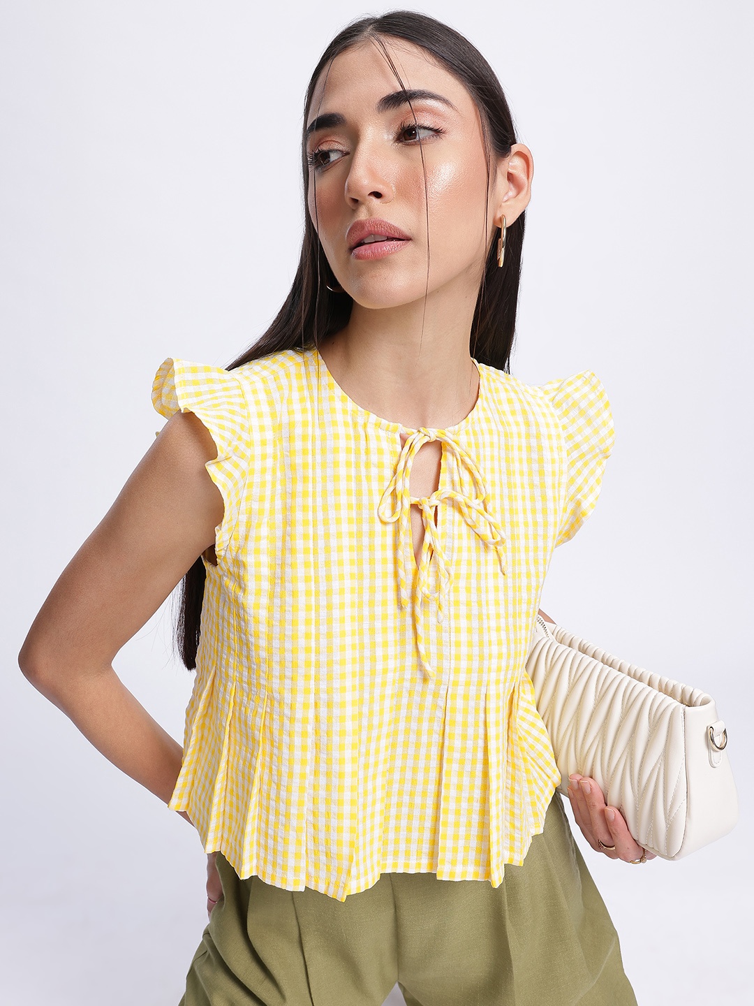 

glitchez Gingham Glam Ruffled Tie-Up Neck A-Line Top, Yellow
