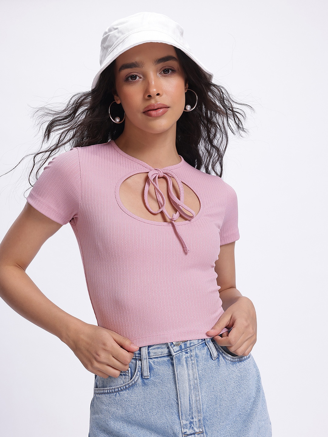 

glitchez Romantic Tie-Up Neck Self-Striped Top, Pink