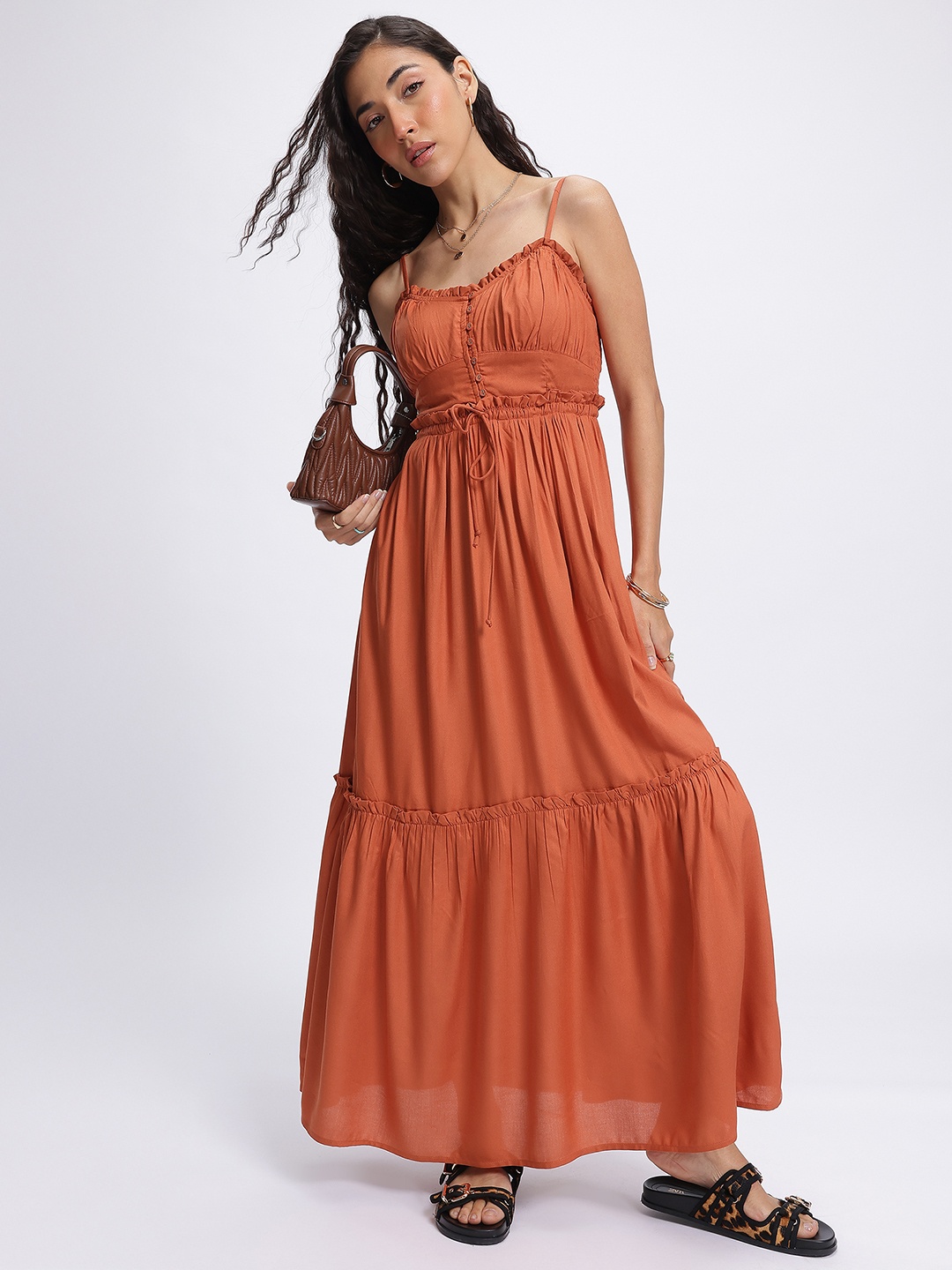 

glitchez Strappy Bliss Smocked Maxi Dress, Rust