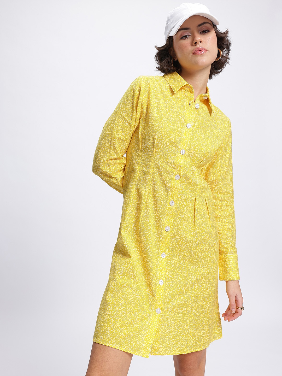 

glitchez Urban Edge Printed Pleated Shirt Dress, Yellow