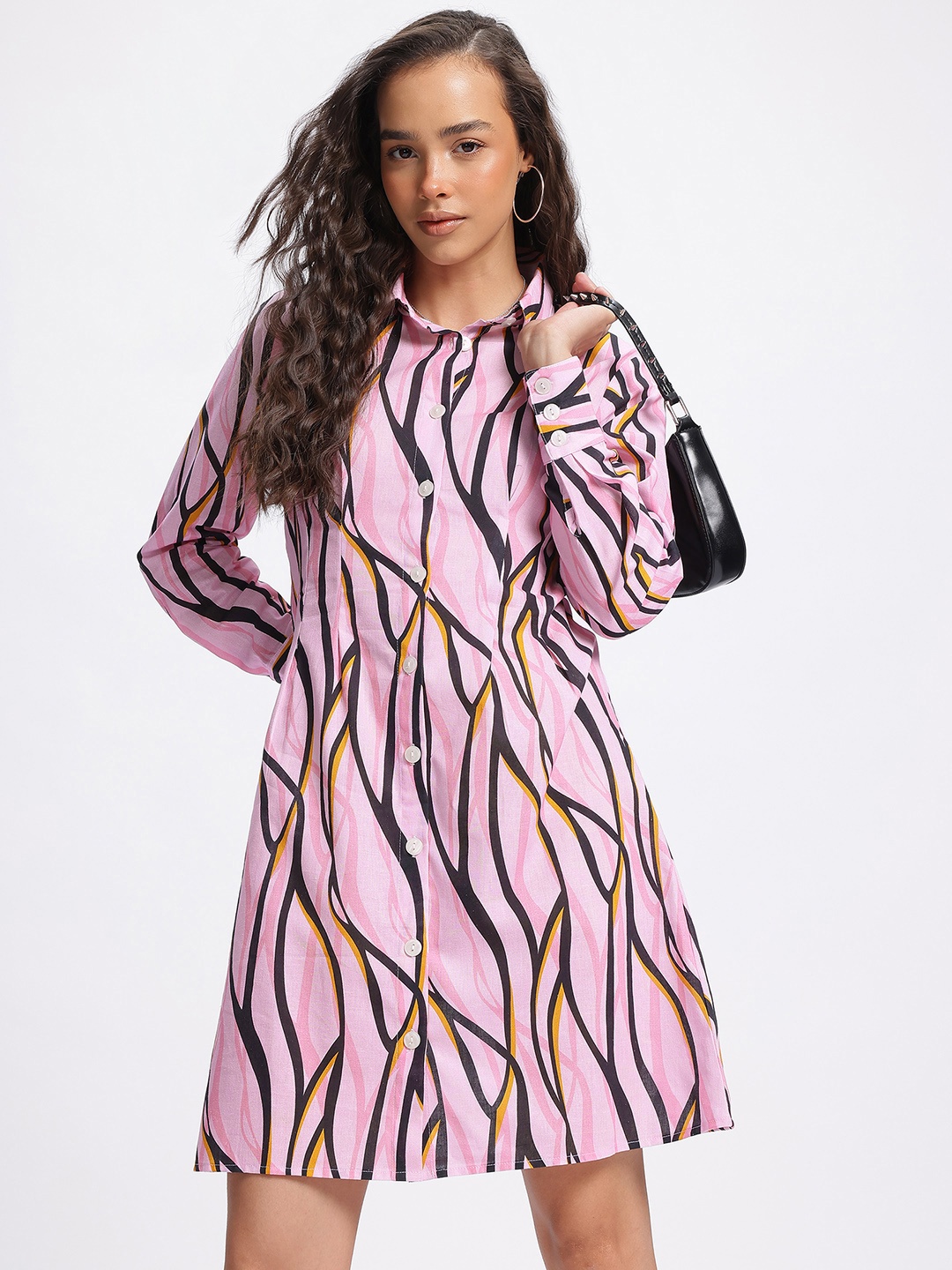 

glitchez Vivid Vibes Printed Shirt Dress, Pink
