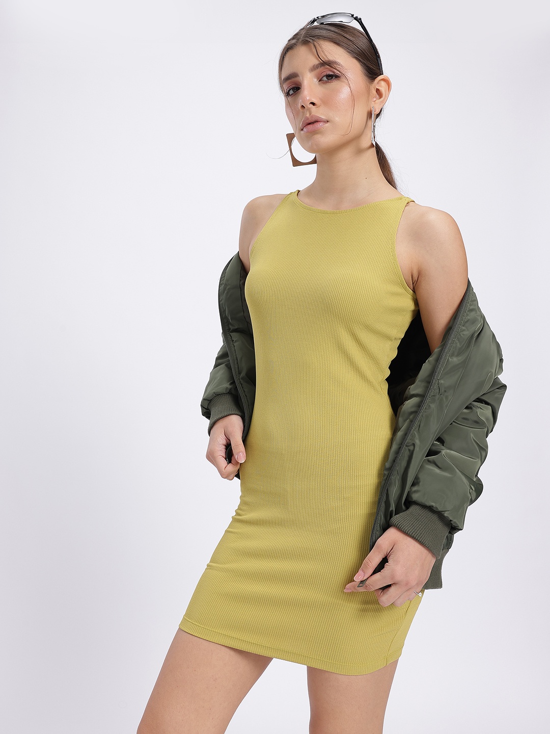 

glitchez Sleek Chic Ribbed Sleeveless Bodycon Dress, Green