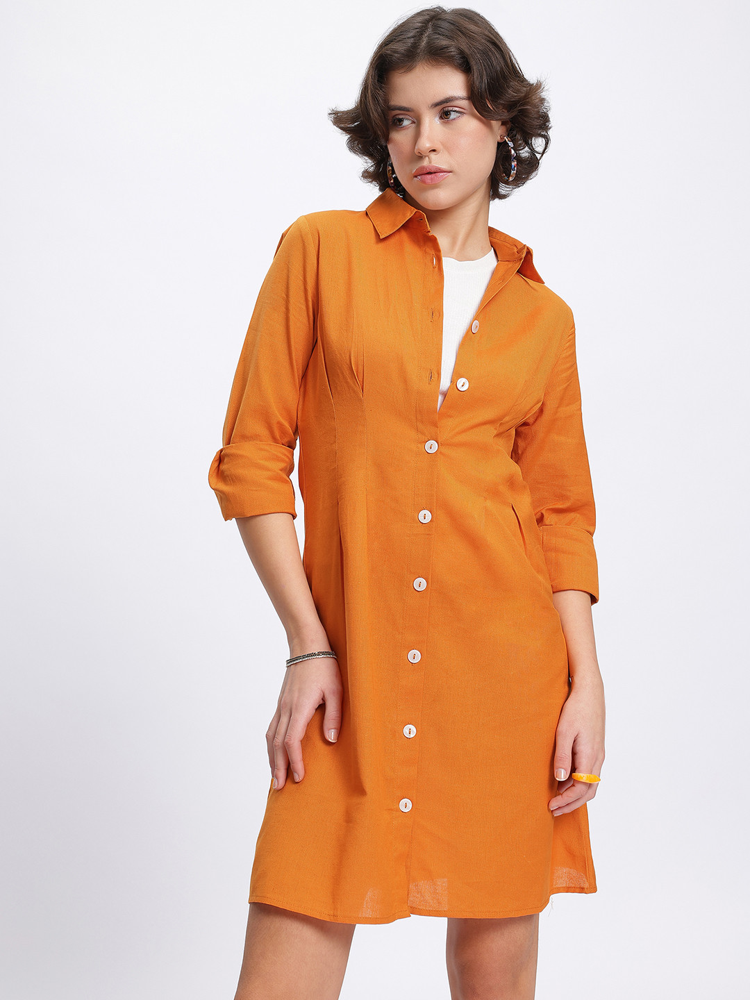 

glitchez Bold Buttoned Pleated Shirt Dress, Rust