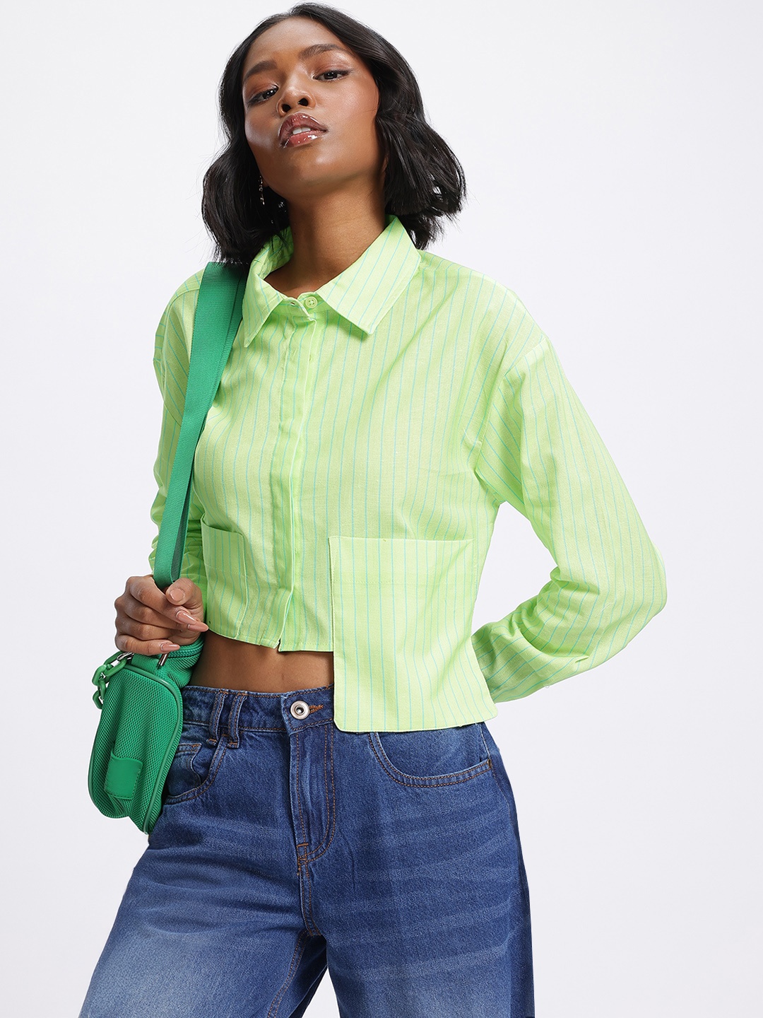 

glitchez Classy Cutouts Striped Extended Pocket Boxy Crop Shirt, Lime green