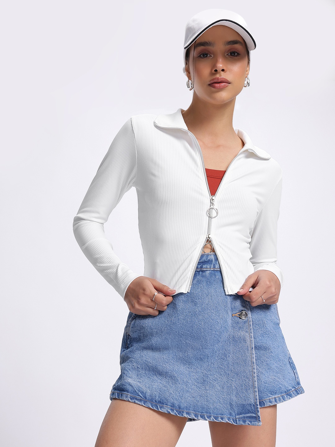 

glitchez Ribbed Zipper Top, White