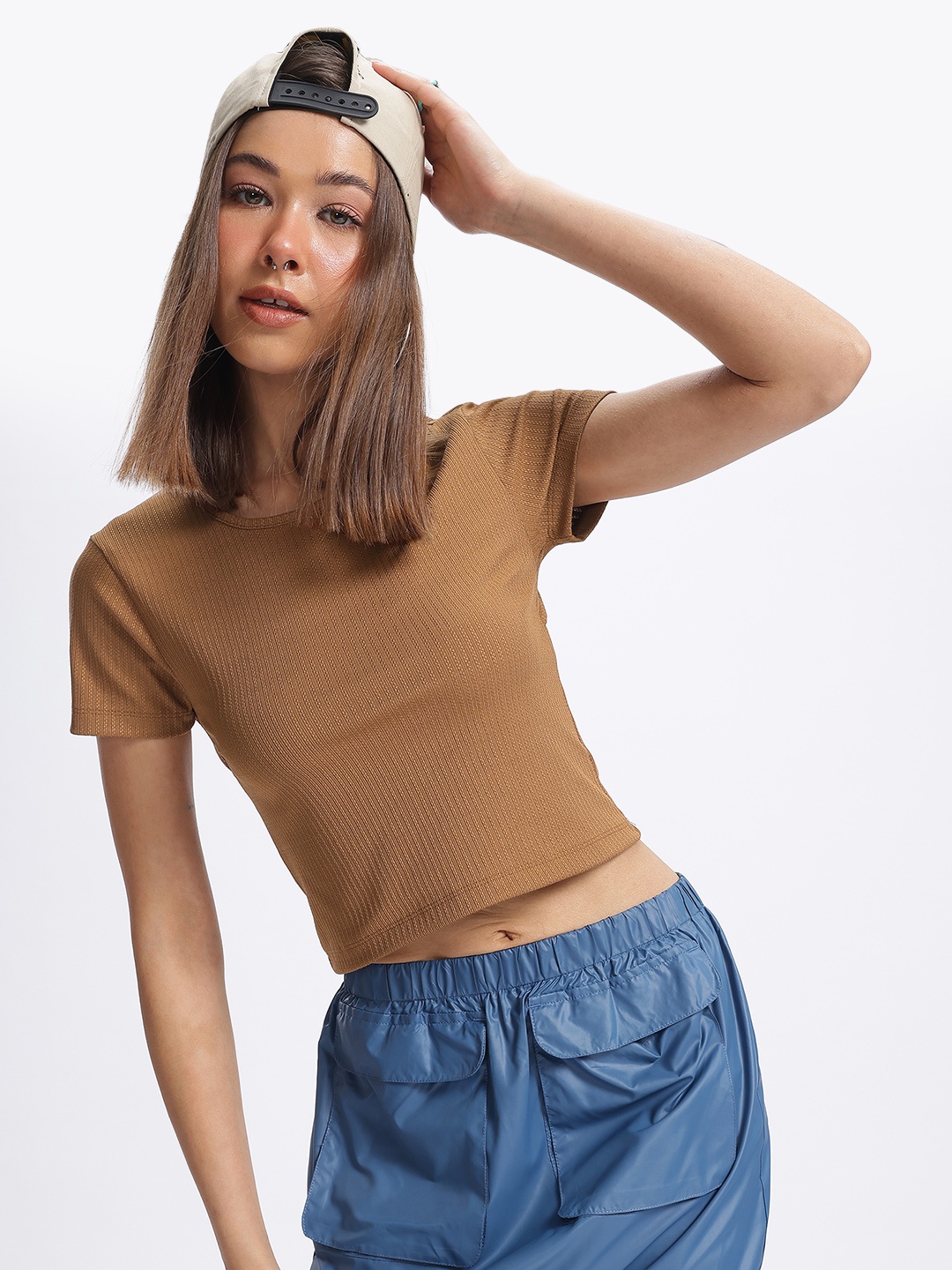 

glitchez Self-Striped Sass Styled Back Crop Top, Brown