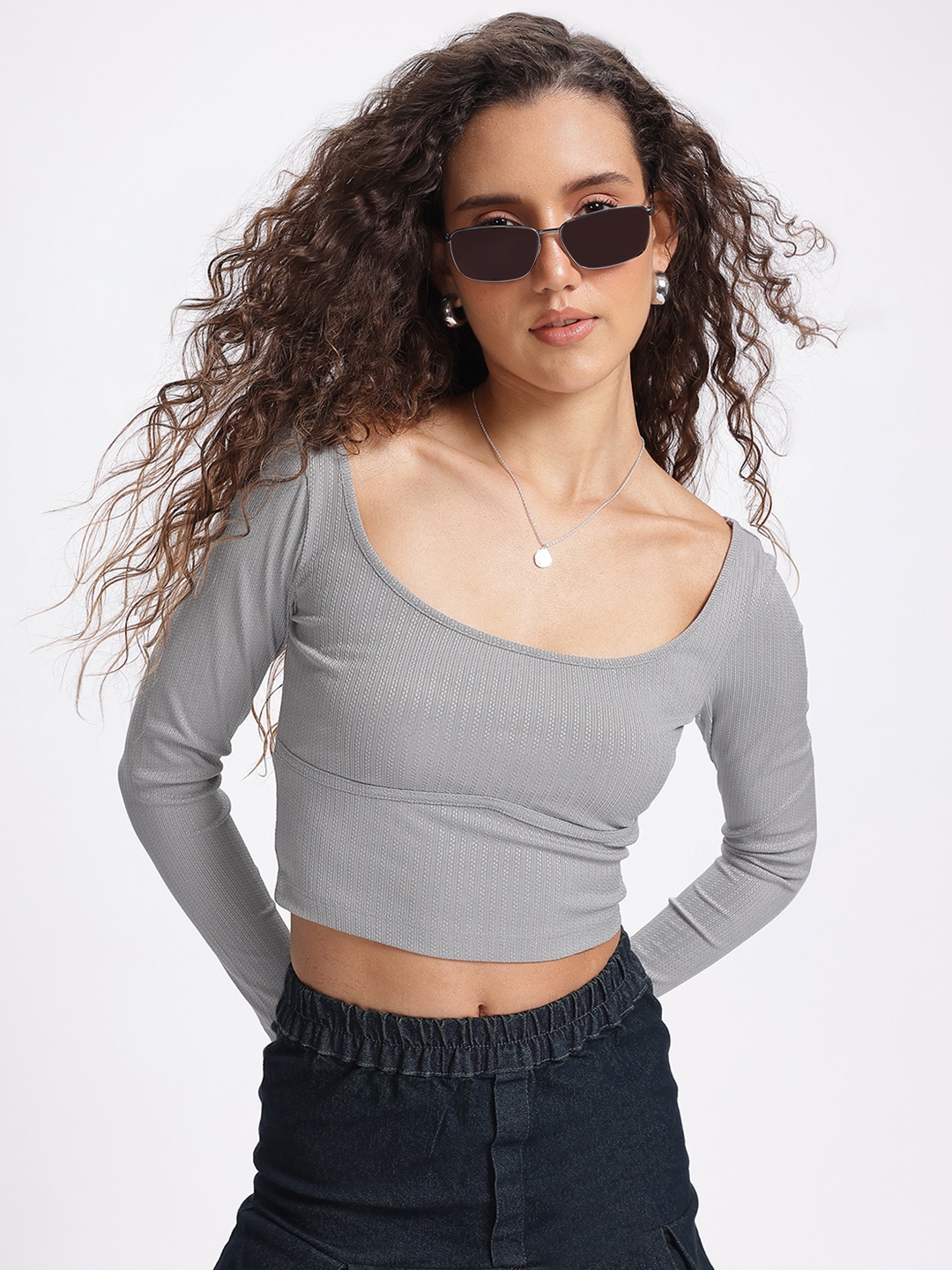 

glitchez Fitted Spirit Self-Striped Crop Top, Grey
