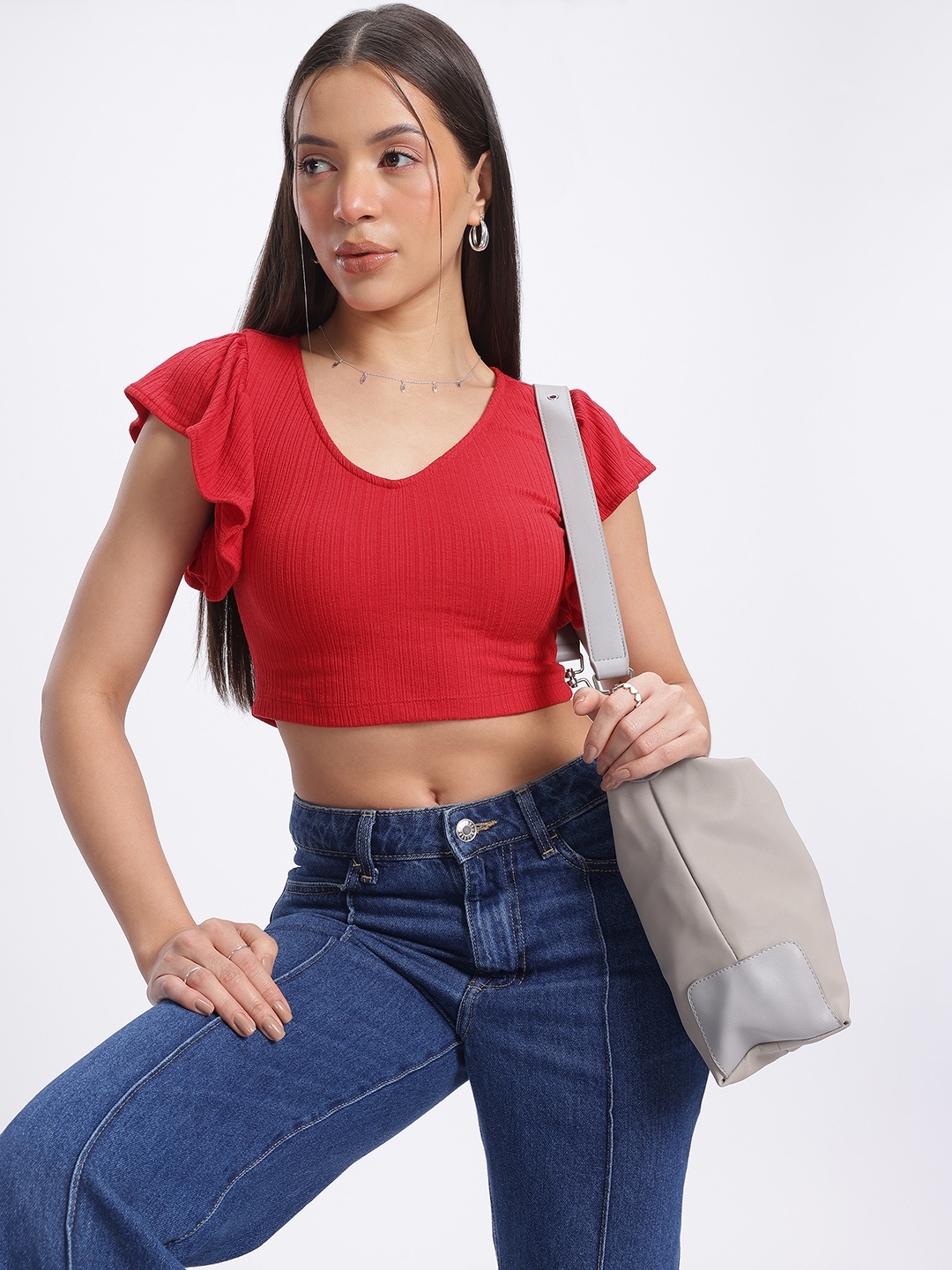 

glitchez Subtly Textured Ribbed Flutter Sleeves Crop Fitted Top, Red