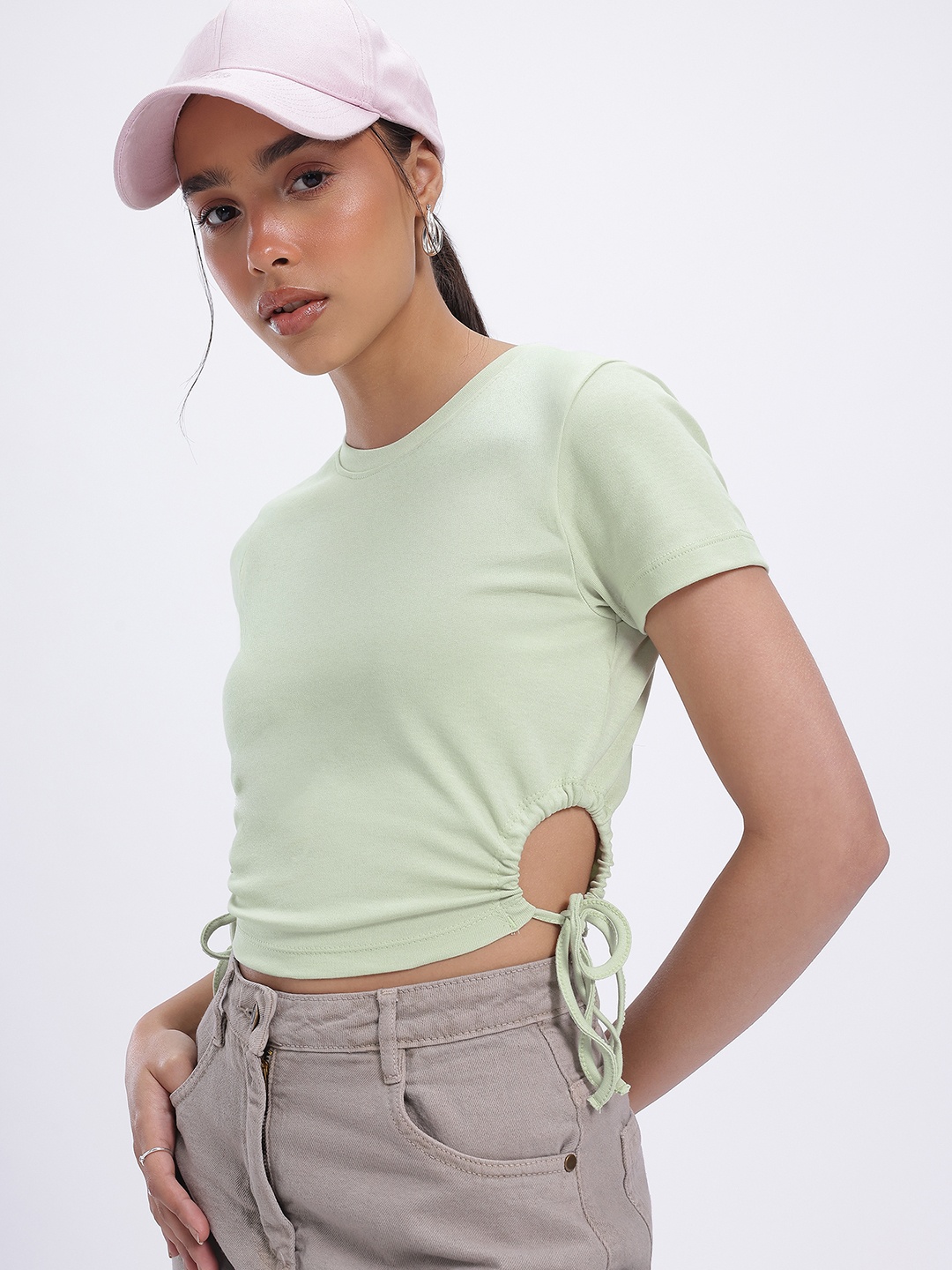 

glitchez Sleek & Sculpted Cut-Out Detail Crop Fitted Top, Green