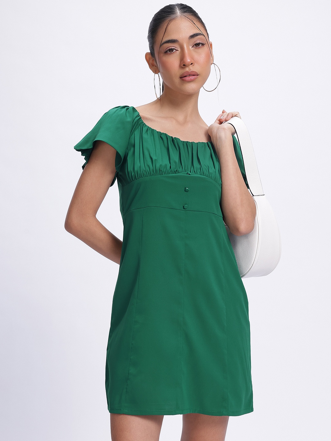 

glitchez Drama Sleeves Gathered Empire Mini Dress, Green