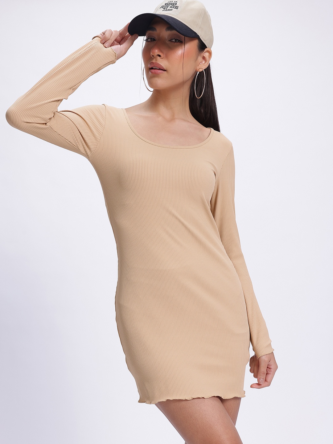 

glitchez Knit Essentials Ribbed Scoop Neck Bodycon Mini Dress, Beige