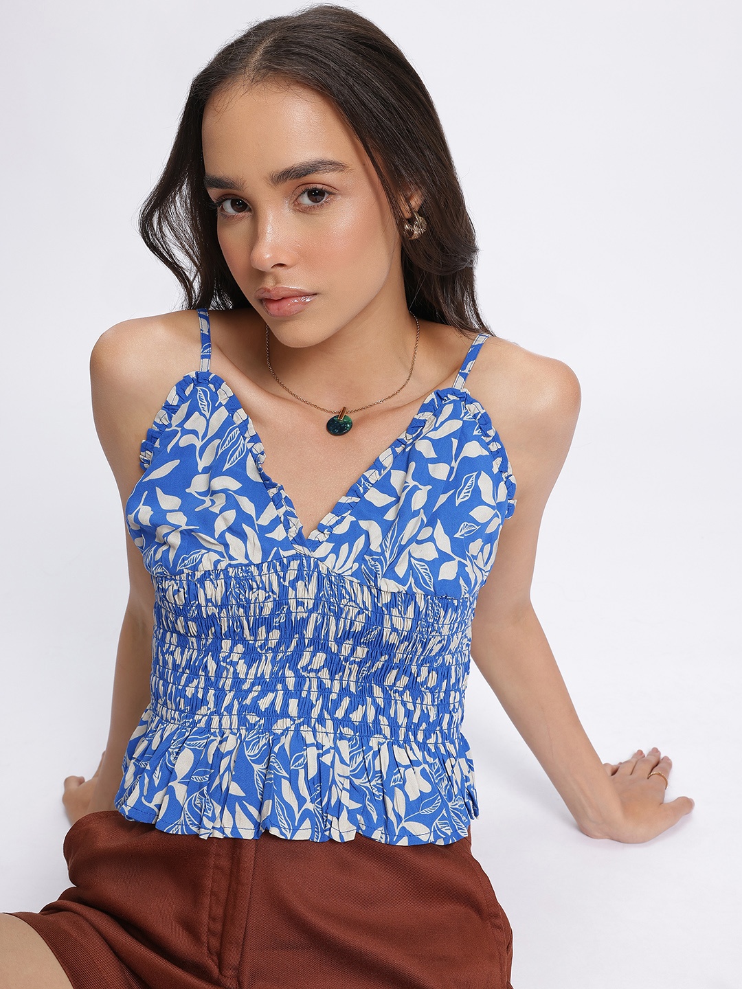 

glitchez Floral Fantasy Printed Smocked Ruffled Empire Crop Top, Blue