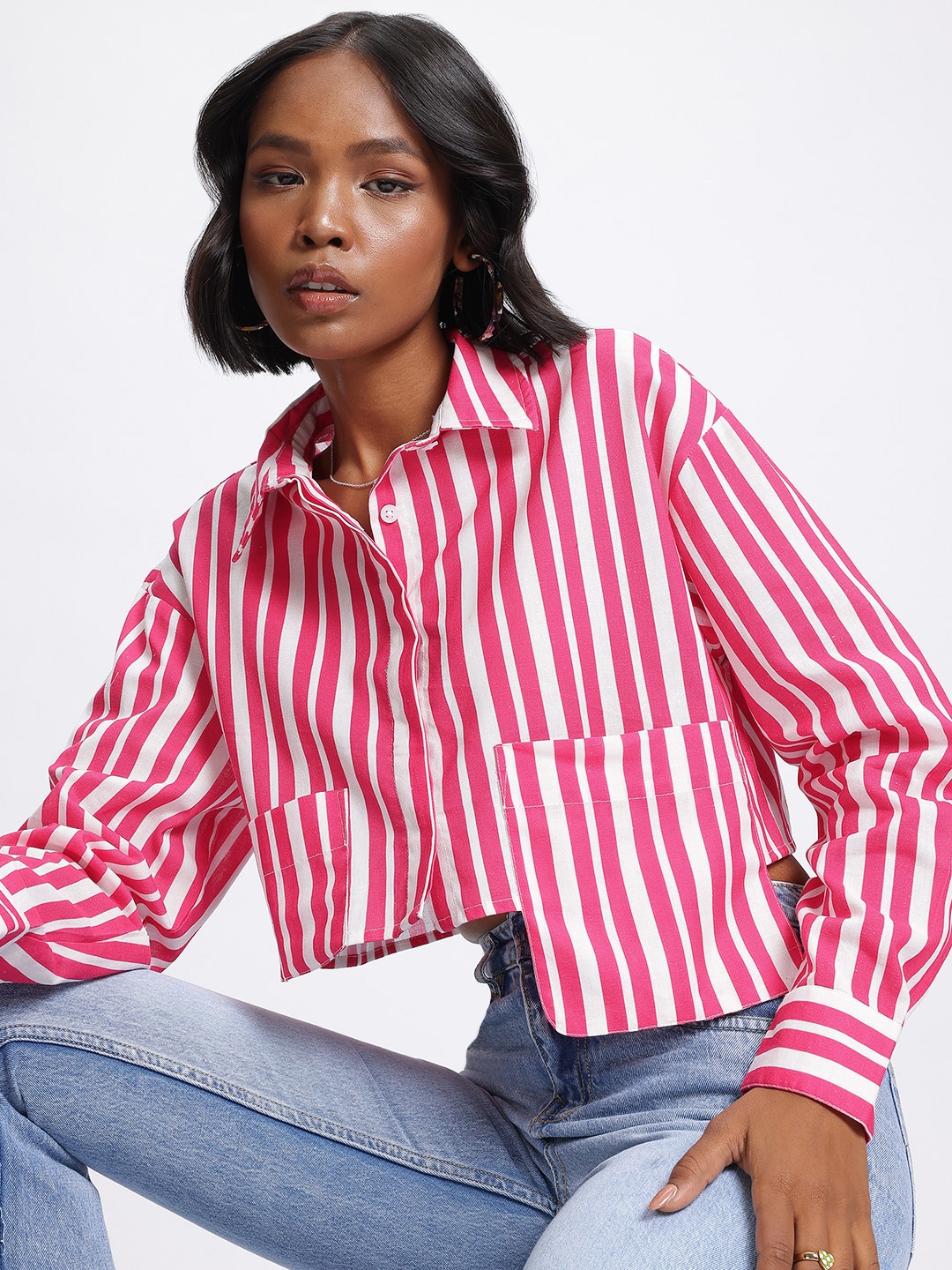 

glitchez Classy Cutouts Striped Extended Pocket Boxy Crop Shirt, Pink