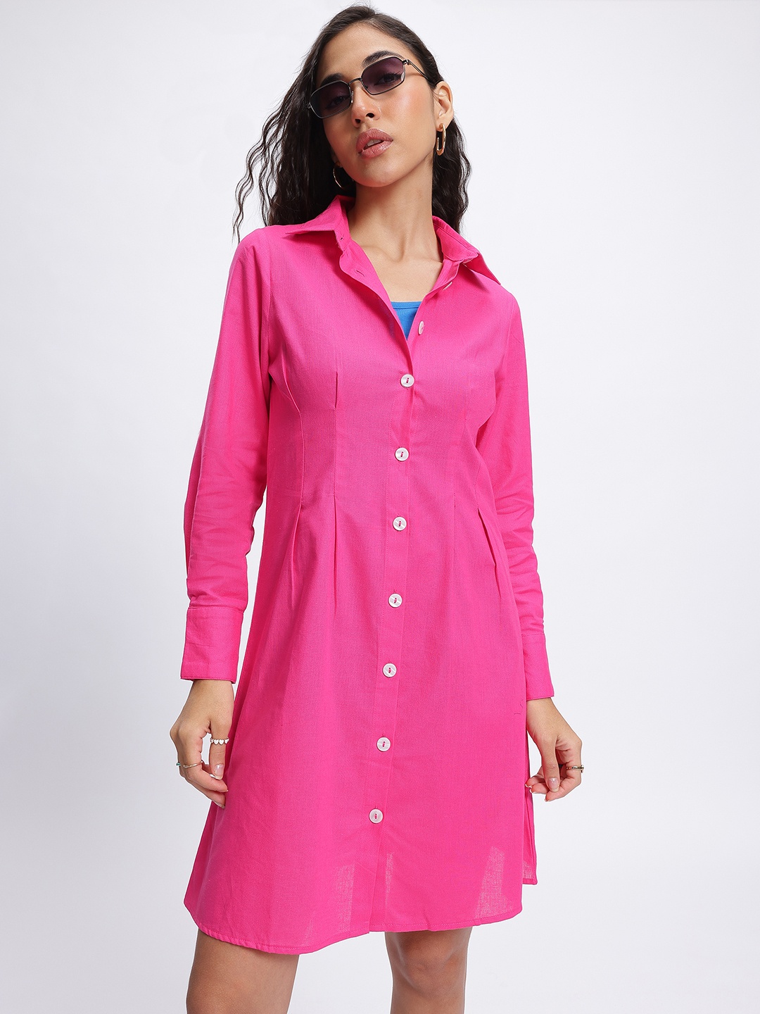 

glitchez Barbiecore Pleated Button-Down Shirt Dress, Pink