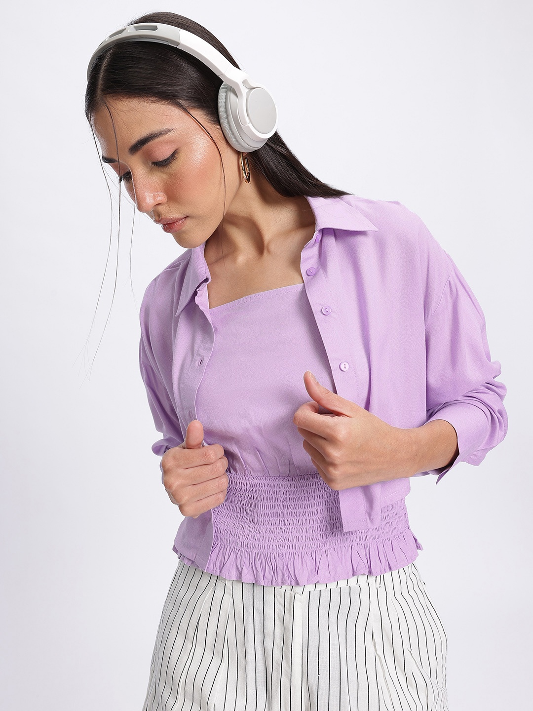 

glitchez Breezy Layers Smocked Blouson Top with Crop Shirt, Lavender