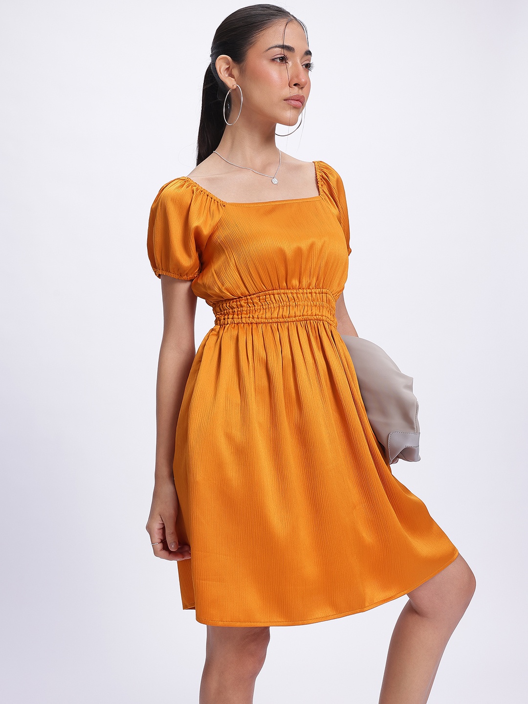 

glitchez Crinkle Chic Satin-Finish Smocked A-Line Dress, Orange