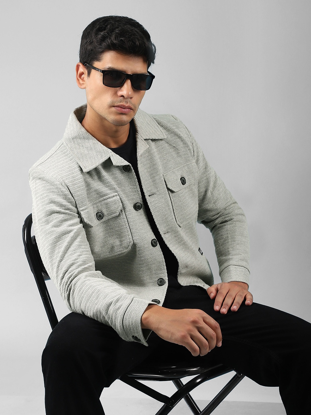 

Beyoung Men Washed Woollen Crop Tailored Jacket with Embroidered, Grey