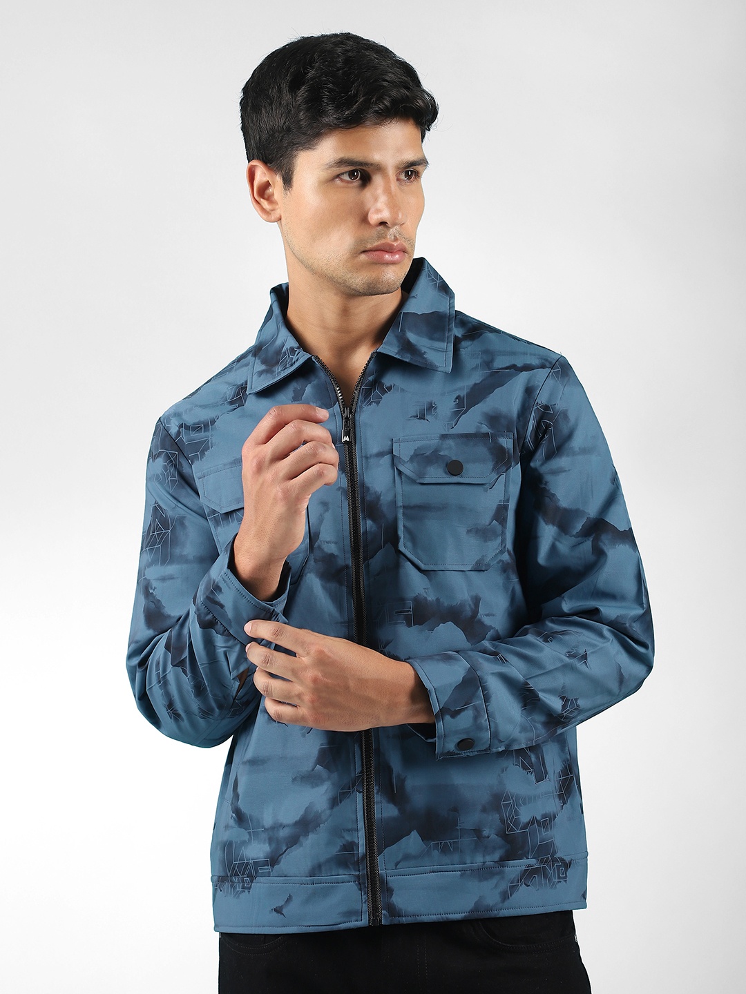 

Beyoung Men Camouflage Woollen Denim Jacket with Patchwork, Blue